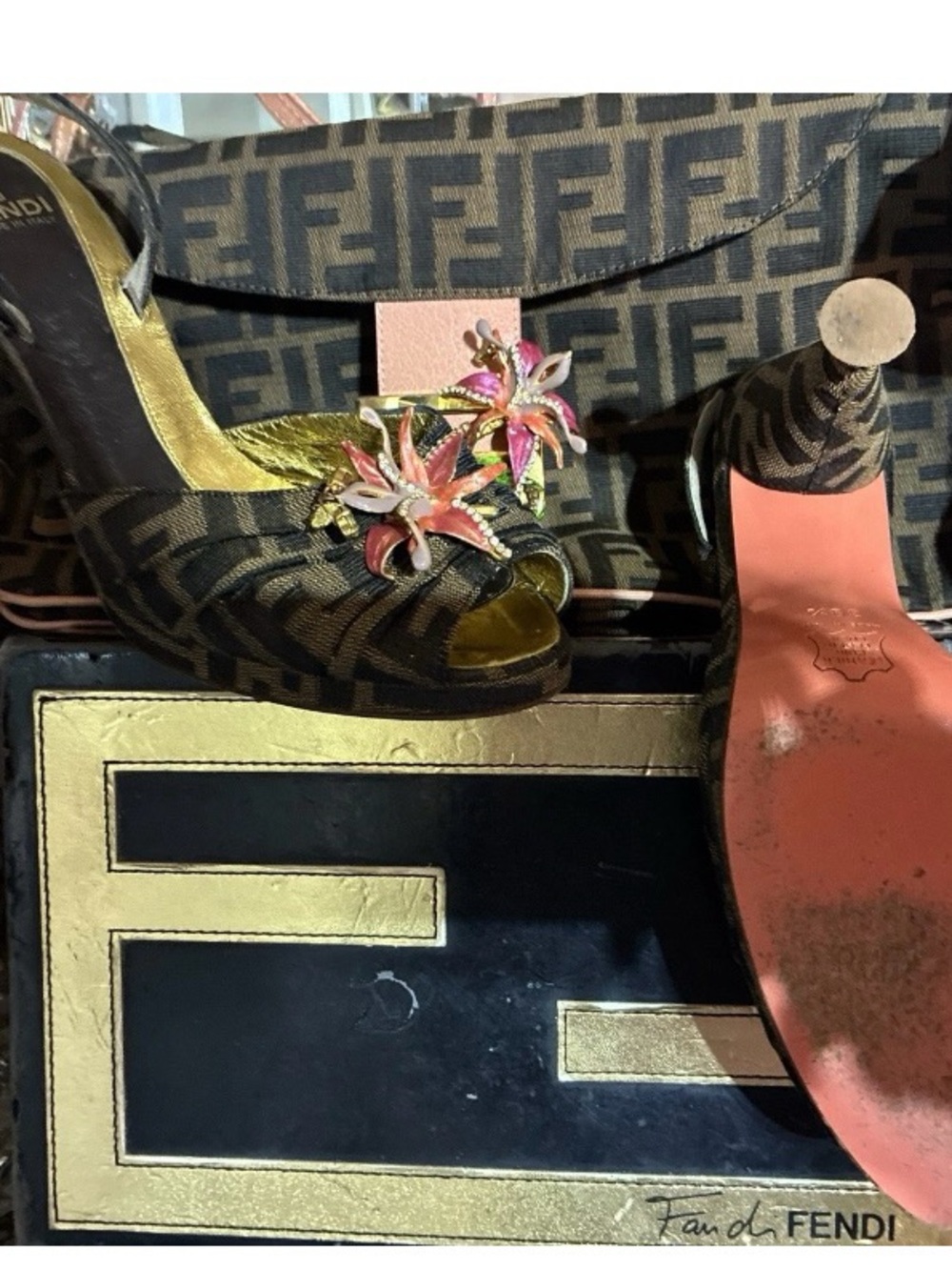 Limited Edition FENDI Enamel Floral Baguette & Heels Lot 8.5 box, duster